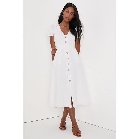 Lulu's Dresses & Skirts - NWT Lulus Sicily Sweetheart White Button-Front Puff Sleeve Midi Dress Size S